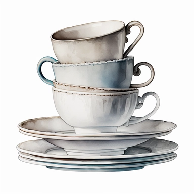 watercolour American style 3 white china coffee cups stacked on top of each other on white china coffee plate beautifully detailed American diner stacked coffee cups,png image,high resolution,300 dpi,graphic clipart,computer graphics