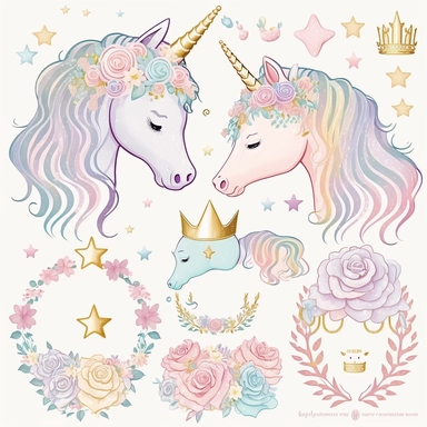 a collection of 3 rainbow pastel unicorn, princess tiara, rainbow, gold star, pink star, hearts, flowers, roses, plastercine, soft watercolour light, clipart svg white background