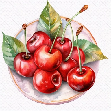 An Cherry fruit with a slice cut out, placed on a plate or tray with other fruits or desserts , Watercolor, pastels, clipart, beautiful, colourfull, png transparent white background, high resolution, no caption q4 s2
