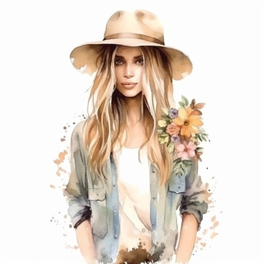 Country Girl Watercolor, Boho Girls clipart, Digital Watercolor Illustration Girl, Girl Flowers Clipart, Watercolor Fashion Girl