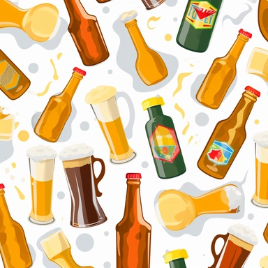 clipart, repeating webtile, white background, icons of beer bottles, shot glasses, streamers, general party vibe