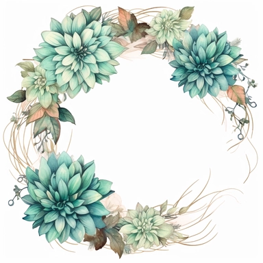 a floral frames made with teal and pastel teal Dahlia flowers, wet on dry watercolour style, antique look, clipart, white background