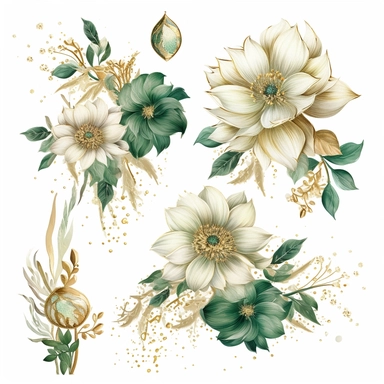 large gold and glass flowers with floral decorations, in the style of nature-inspired installations, delicate ink washes, emerald and golden, detailed miniatures, mosaics, organic texture, nature-inspired imagery, clipart set, white background