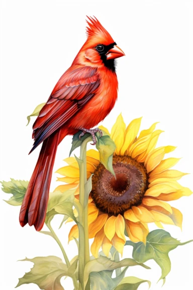 northern red cardinal on sunflowers, use a combination of vibrant colors and subtle variations in color to capture the freshness and vitality of the scene. Let the transparent and flowing nature of watercolors add a sense of lightness and movement to the painting, clipart, plain isolated white background, 8k ultra detail high sharpness