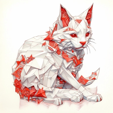 Maneki-neko, Domestic Shorthair, joyful, origami paper In the style of Brian Froud & Alan Lee, clipart, complex design, dreamy color, white contour, white background only