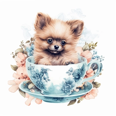 ink color illustration of a cute pomeranian puppy sitting in a teacup, watercolor floral elements and pearls, clipart white background 8k