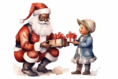 black santa bringing christmas presents to little children, watercolor clip art