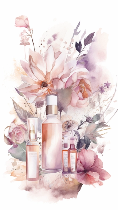 dreamy pastel watercolor illustration. clipart. luxurious cosmetic products randomly placed on white backdrop with flowers and roots