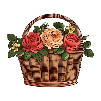 vintage basket of roses sublimation clipart, vector, illustration, 2d, flat colors, isolated background