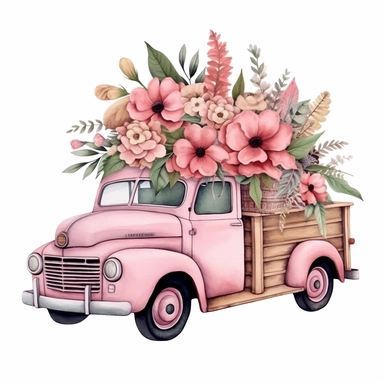 pink flower truck illustration clipart, detailed, black outline, white background, 4k, watercolor, digital art