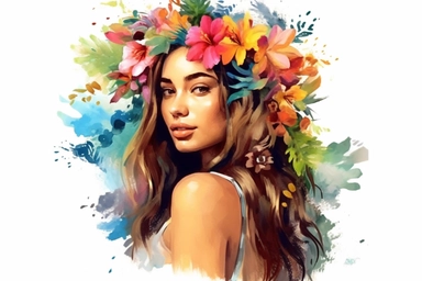 Beautiful hawaiian woman with colorful vibrant tropical flowers, watercolor clipart
