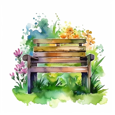 clipart, isolated on white background, Watercolor Spring beautiful ornated wooden bench, flowers and grass and plants, ornated, vivid and vibrant and saturated colors