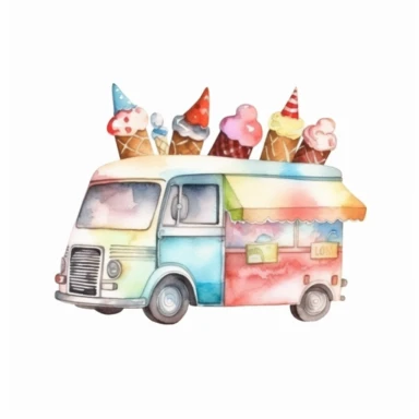 Watercolor A cheerful ice cream truck with various flavors and toppings clipart, Minimalist, isolated white background, 8k