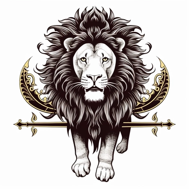 Design a majestic, black and white graphic tattoo that takes inspiration from the Persian 'shir-o-khorsheed' emblem. Feature a lion, standing fearless and calm, bathed in the glow of a radiant sun. The lion's features should be intricately detailed, a symbol of strength and authority. Ensure the sun's rays are bursting forth, giving the impression of a bright future and unfaltering optimism. Intertwine a Shamshir sword into the design, an emblem of courage and valor, perhaps held proudly by the 