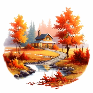 a single clipart image png graphic of a Realistic Painting Clipart Beautiful Season Autumn Fall Landscape PNG Illustration
