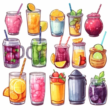 watercolor, Cold drinks set. Soda water, sweet fizzy beverages, fruit cocktails, juices, and lemonades in glass and plastic bottles, aluminum cans, and tins. png Full body realistic cartoon in 32K UHD cute. 15 cm thick outline. Black color. There was no shadow on the ground. 8k with realistic watercolors and detailed illustrations. PNG clipart, transparent white background