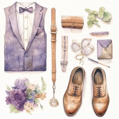 wedding watercolor graphics, subtle neutral pastel tones, sparklecore, embossed paper, Design a sophisticated wedding clipart showcasing the groom's shoes, meticulously crafted with sleek leather, laces, or buckles, representing the groom's impeccable style and attention to detail on his special day, candid, multi-layered
