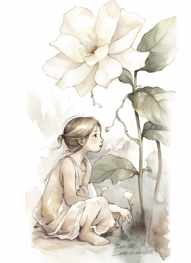a single spring flower, in the style of magali villeneuve, jon j muth, carl larsson, dreamy world, closest to watercolor illustrations, soft color palette with ligh beige and gray, children's illustrations, solid white background, clipart