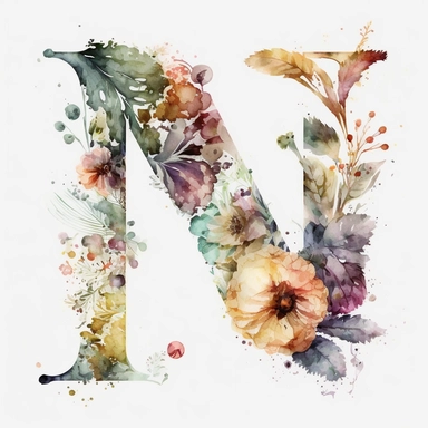 Watercolor botanical flower letter N, clipart, colorful, white background