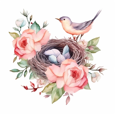 Watercolor nest Clipart, springtime, roses,cute, Bird nest, flowers