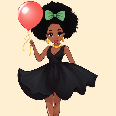 a cute Black woman with elegant dress and make up with balloon in hand, afro puffs, flat vector clipart