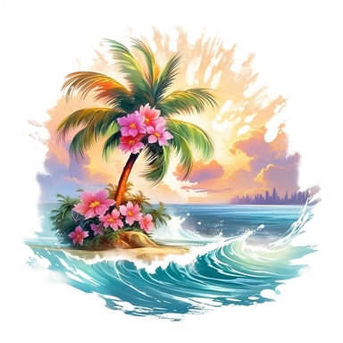 artwork majestic palm tree in digital painting style, beautiful flowers, sunrise mountains and clouds, big sea waves, water splashes, white background, colorful fantasy flower surround, highly detailed clean, vector image, photorealistic masterpiece, professional photography, realistic, flat white background, isometric, vibrant vector, clipart, illustration, realism, 4k, cinematic, front view, white background, tropical, tropical flowers, flora , beach, tropical scene,