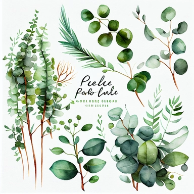 Watercolor Greenery Clipart - Eucalyptus Clipart - Watercolor Eucalyptus - Green Foliage - Fern Greenery Clipart, on a solid white background, in the style of Paul De Longpre, Paulie Collins, elegant, extreme detail,