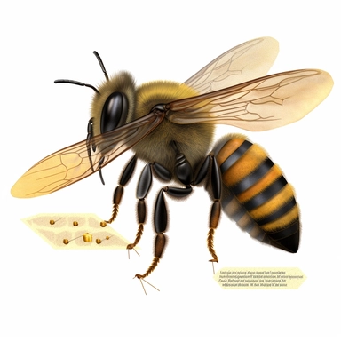 An educational illustration highlighting the anatomy of a bee's hind leg, specifically focusing on the structure and function of the pollen basket and its role in carrying pollen grains for pollination. (Digital drawing clipart, image black border color, full body, transparent background)