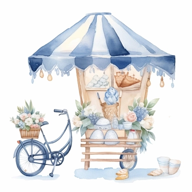 Watercolor wedding icecream blue stand, wedding clipart, simple, soft colors, cartoon elements, watercolor boho style, white transparent