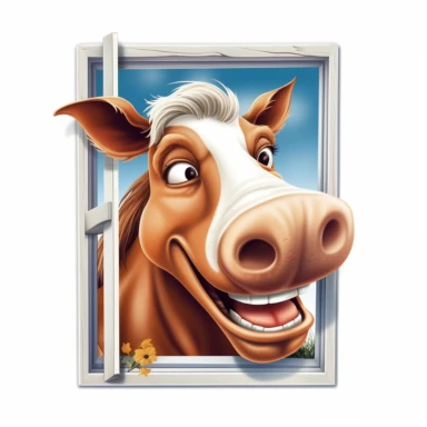 Cute Beautiful Happy Face Funny Horse Outside The Window Sublimation Clipart ,Cartoon,hyper realistic, intricate detail, illustration style,high solution,on the white background