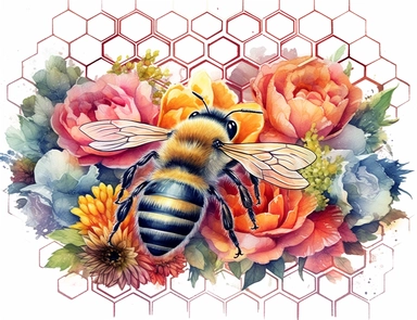 summer illustration of bee and honey combs and flowers, in watercolor styles, bright colors, white background Sublimation Clipart, hyper realistic, intricate detail, illustration style, high solution, on the white background