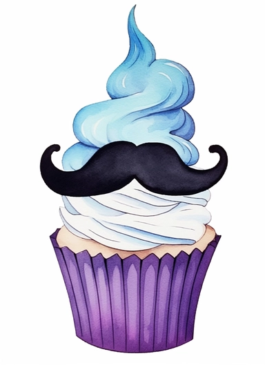 cupcake cutout with a moustache mustache watercolor clipart, in the style of dark purple and light blue, victorian-inspired illustrations, light gray and black, wimmelbilder, high resolution, masculine