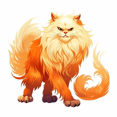 Clip Art of FRIGHTENING HALLOWEEN THEME Big Maine CAT Breed with with Extra long thick Fantasy hair a beautiful thick fluffy tail and elongated ears that are tufted, FANGS, CLAWS, 2D, VECTOR on white background