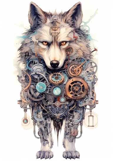 Steampunk Gray wolf clipart, realistic, Watercolor Retro Futuristic Victorian Era, art picture, full body, watercolor, multicolor, white background, lots of details, high quality - 8K,