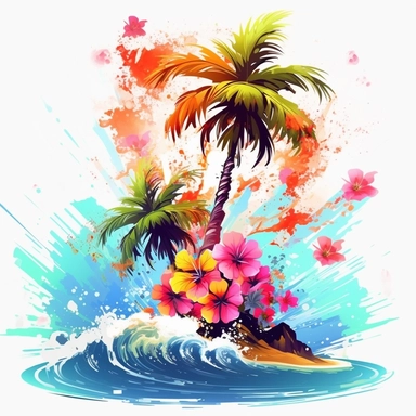 artwork majestic palm tree in digital painting style, beautiful flowers, sunrise mountains and clouds, big sea waves, water splashes, white background, colorful fantasy flower surround, highly detailed clean, vector image, photorealistic masterpiece, professional photography, realistic, flat white background, isometric, vibrant vector, clipart, illustration, realism, 4k, cinematic, front view, white background, tropical, tropical flowers, flora, beach scene, tropcial scene, tropical island scene