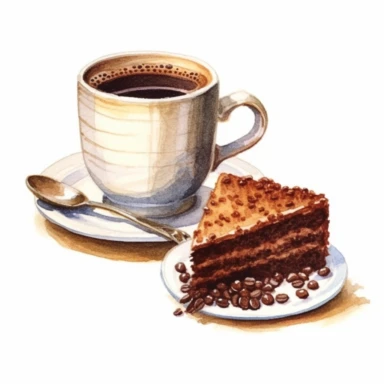 A cup of black coffee, steaming hot, next to a piece of chocolate cake clipart, white background, watercolor drawing, very detailed , Cartoon,hyper realistic, intricate detail, illustration style,high solution,on the white background