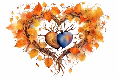Watercolor, Design a heart shape using intertwined autumn leaves and acorns clipart, hd, on a white background, spaced out