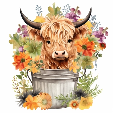 baby highland cow in a small rustic tub covered in flowers and grass with wildflowers all over the place clipart add a ton of flowers clipart watercolor make it cute