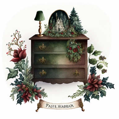 dark academia, christmas dresser, fairytale, folk art, watercolor, white background, clipart