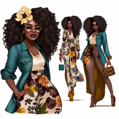 stunningly beautiful full body afican american woman clipart with voluminous curly hair wearing a fashion nova outfit??, fashionable, isolated design, clipart image inspired by Hui Mu