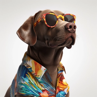 A hyper-realistic Labrador Retriever wearing a stylish Hawaiian shirt and cool sunglasses, depicted on a white background in a clip art style. Cinematic, hyper-detailed and insanely detailed, the image is beautifully colored with the help of the Unreal Engine. The depth of field (DOF) effect enhances the visual impact, while the super resolution and high megapixel count ensure exceptional image quality. Lighting is rendered with cinematic precision, incorporating anti-aliasing techniques like FX