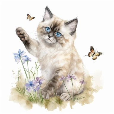 hand drawn ragdoll kitten, reaching for a butterfly, grass, flowers, very detailed and realistic, watercolor, clipart style