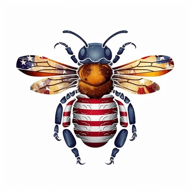 Create a Describe the symbolism behind the American flag bee sublimation clipart,Colorful design , white background , high resolution