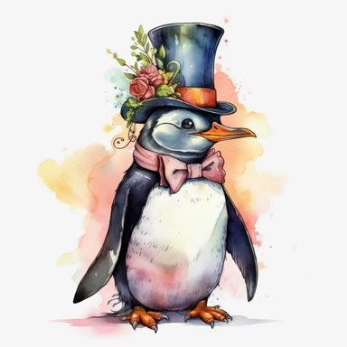 penguin, top hat, full body, cartoon style, baroque, watercolor, colorful, clipart