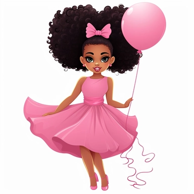 a cute Black woman with elegant pink dress and make up with balloon in hand, afro puffs, flat vector clipart