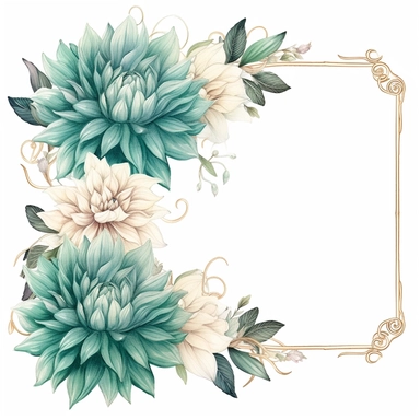 a floral frames made with teal and pastel teal Dahlia flowers, wet on dry watercolour style, antique look, clipart, white background