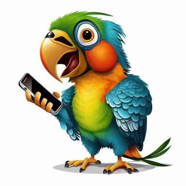 a cartoon parrot talking on a cell phone, clipart, white background