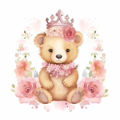 a delightful watercolor clipart image with a pink background and golden accents, portraying a baby bear wearing a golden crown, surrounded by a garden of pink flowers. The ultra-detailed, hand-drawn elements capture the regal and elegant nature of the baby bear. Use shades of pink, from pale petal pink to deep magenta, combined with golden highlights, to create a visually appealing and royal image that conveys a sense of beauty and grace.