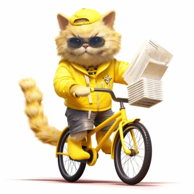 Create a clipart of a cute cat in a yellow mail delieveryman costume with black sunglasses riding a bicycle with a trail of letters following behind. Low detail. White background, soft lighting. In the style of Bob Ross