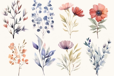 enchanted RED AND BLUE flowers ARRANGMENTS, WATERCOLOR HAND PAINTED clipart, WATERCOLOR AIRY PASTEL COLORS, VISIBLE WATERCOLOR BRUSH TOUCHES, WATERCOLOR SPLASHESD, DREAMY AND ELEGANT, COLORFUL DREAMY FLOWERS, white background, WATERCOLOR 8k,